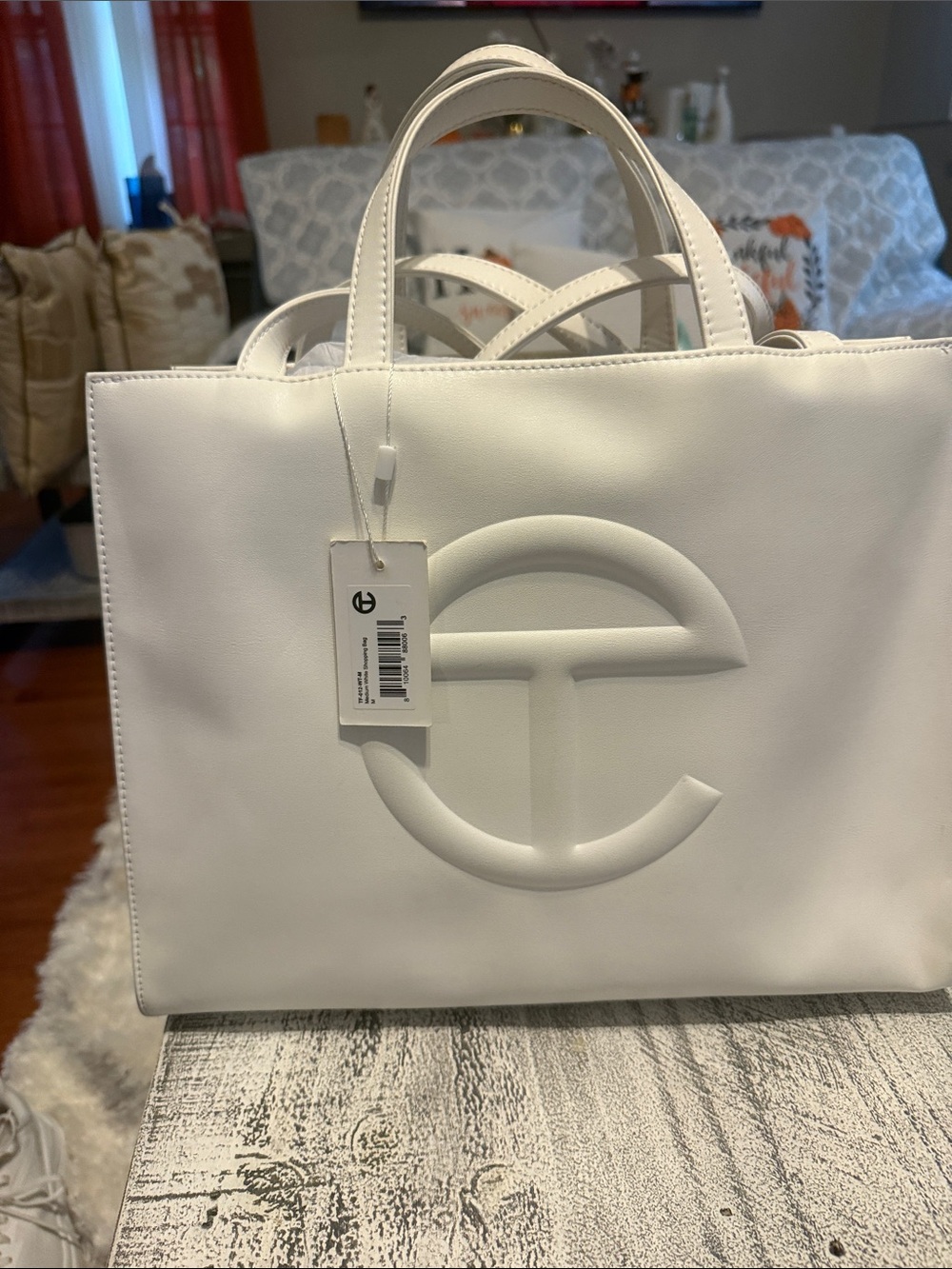 Telfar White Leather Shopping Tote with Raised Logo